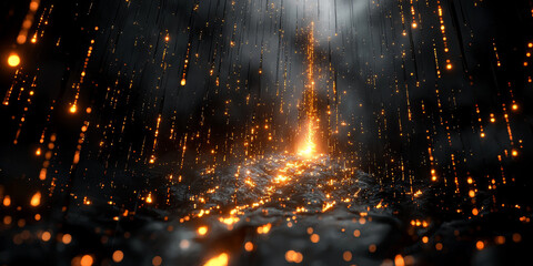 Digital binary code data streaming on a dark background