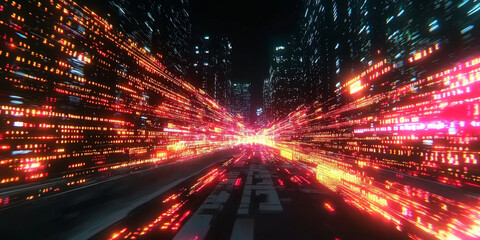 Digital binary code data streaming on a dark background