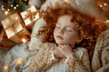 Resting quiet harmony small girl red hair sleeps. Sweet girl curly hair rests peacefully amidst comfort. Image reflects tranquility and innocence of youthful slumber.