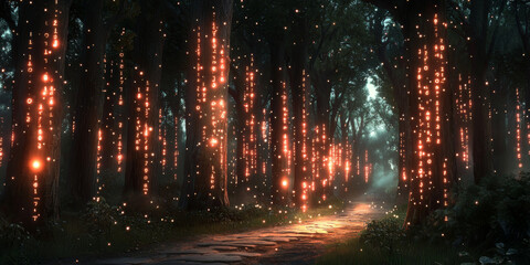 Digital binary code data streaming on a dark background