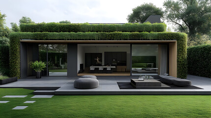 Wall Mural - Modern House with Green Roof and Patio - 3D Illustration