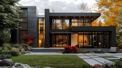 Sticker - Modern black house with large windows, patio, and fire pit.