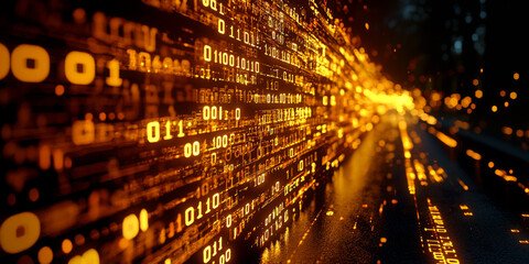 Digital binary code data streaming on a dark background