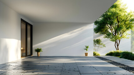 Canvas Print - Minimalist Patio with White Wall and Greenery 3D Render