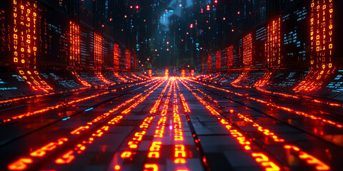 Digital binary code data streaming on a dark background