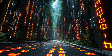 Digital binary code data streaming on a dark background