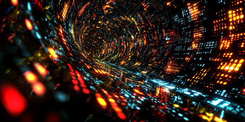 Digital binary code data streaming on a dark background