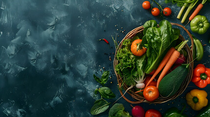 Wall Mural - Fresh Vegetables in basket on dark background, top view, copy space for text