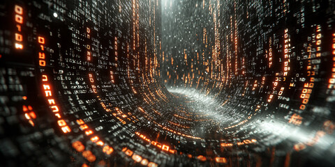 Digital binary code data streaming on a dark background
