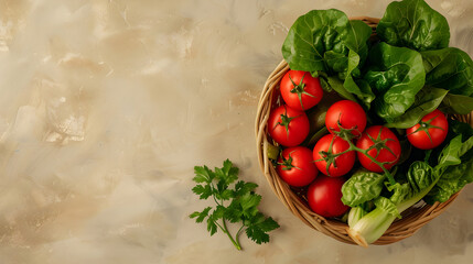 Wall Mural - Fresh Vegetables in basket on dark background, top view, copy space for text