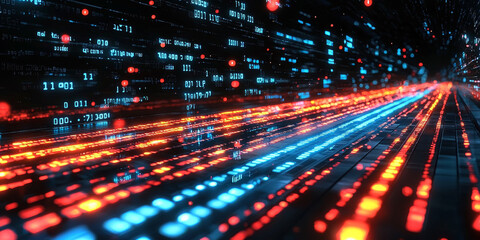 Digital binary code data streaming on a dark background