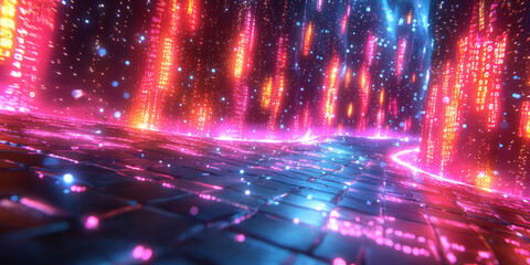 Digital binary code data streaming on a dark background