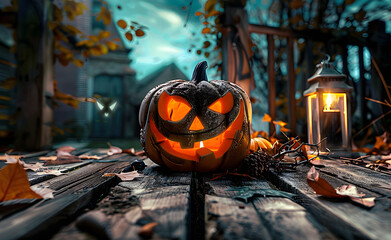 Wall Mural - Scary halloween pumpkin on wooden planks