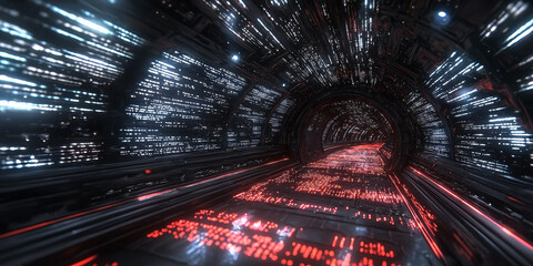 Digital binary code data streaming on a dark background