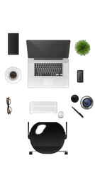 Wall Mural - Top view of desk with set of appliances isolated on PNG transparent, white background