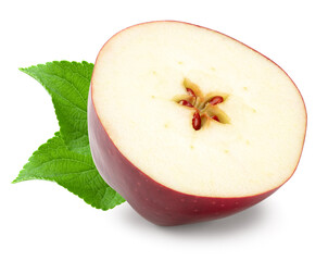 Wall Mural - half of red apple with green leaf isolated on white background. clipping path