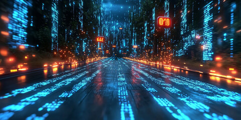 Digital binary code data streaming on a dark background