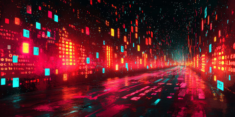 Digital binary code data streaming on a dark background