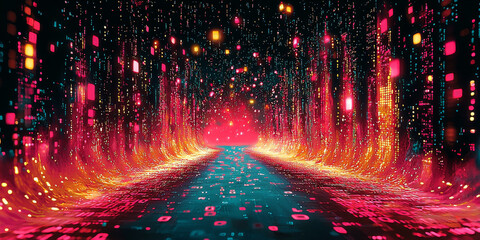 Digital binary code data streaming on a dark background