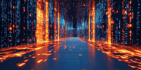 Digital binary code data streaming on a dark background