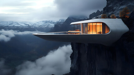 Sticker - Modern house built on cliff overlooking mountains.