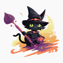 Sticker - Adorable Halloween witch cat illustration