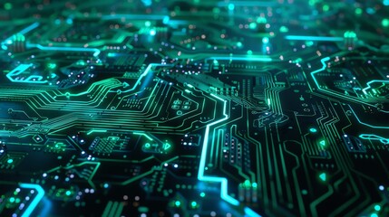 Circuit Board with Green Glowing Lines for your background business, poster, wallpaper, banner, backdrop, greeting cards, and advertising for business entities or brands.
