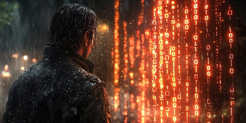 Digital binary code data streaming on a dark background