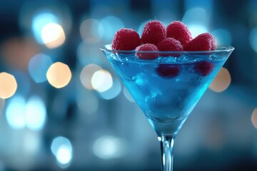 Canvas Print - Martini Glass with Blue Liquid and Raspberries