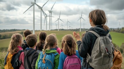 Group Of Schoolchildren With Teacher On A Field Trip To A Wind Turbine Plantation. Concept Of Renewable Energy, Love Of Nature, Electricity, Green, Future. Generative AI