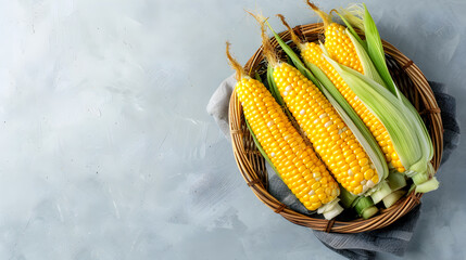 Wall Mural - corn on a basket top view copy space