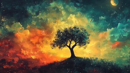 Wall Mural - tree under full moon