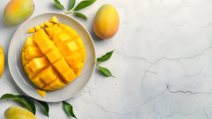 Wall Mural - Plate of fresh sliced mango top view. Space for text