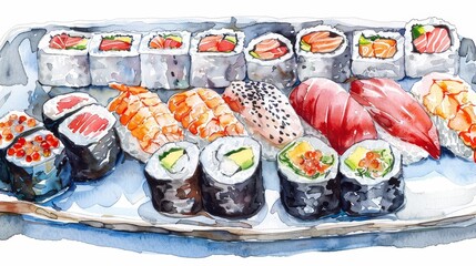 A colorful assortment of sushi rolls, showcasing a variety of ingredients, textures, and flavors. The platter features classic nigiri, maki, and sashimi, capturing the essence of Japanese cuisine.