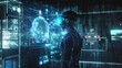 © Tida - A cyborg, wearing a futuristic headset, interacts with a virtual reality display, showcasing data and information, symbolizing technology, innovation, artificial intelligence, cyberspace