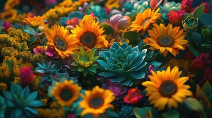 Poster - Sunflower field with colorful flowers