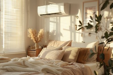 Poster - A modern living room is filled with warm sunlight, highlighting cozy textures and a stylish air conditioner on the wall, creating a comfortable atmosphere. Generative AI