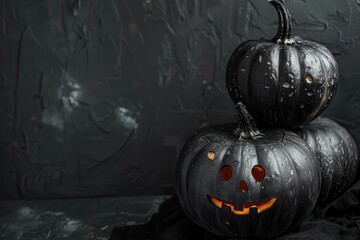 black pumpkins on dark textured background for halloween decoration