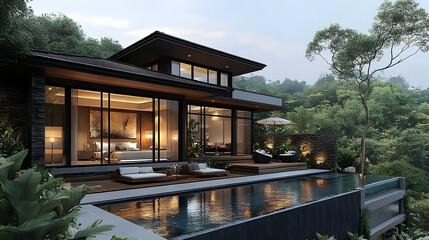 Sticker - Modern house with a pool overlooking a lush forest.