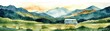 © SITTAKAN - Watercolor scene of a van driving through green meadows and mountains, triadic colors