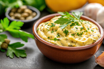 Canvas Print - R��moulade - a mayonnaise-based sauce with mustard, capers, and herbs - popular french sauce, french hi end kitchen