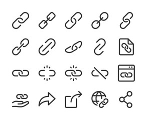 Internet Webpage URL Link, Icon Set. Web Links and Hyperlinks. , Chain, Web Address, Internet Shortcut, Browser, External Link, Hyperlink Navigation, Webpage Connection. Line with editable stroke