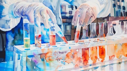 Wall Mural - A watercolor illustration depicting a scientist in a lab, working with test tubes filled with colorful liquids, representing scientific research, experimentation, and discovery.