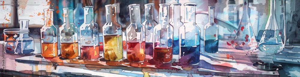 A watercolor painting of a still life with colorful glass bottles ...