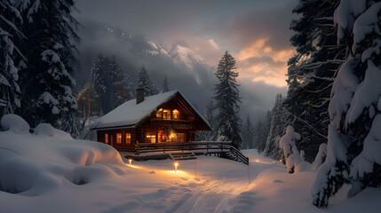 Canvas Print - Cozy Cabin in Snowy Forest - Realistic Image