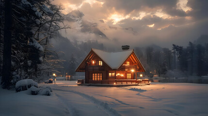 Poster - Winter Cabin in Snowy Mountain Landscape - Photo