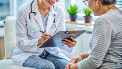 Wall Mural - Close-up view female doctor using a tablet during a patient consultation