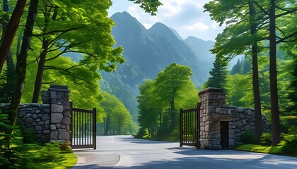 The quiet gate of the mountainous scenic spot, surrounded by trees, surrounded by mountains, and beautiful environment.