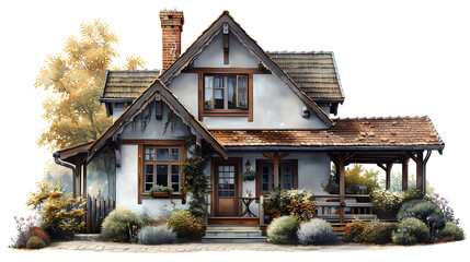 Wall Mural - Charming Cottage Illustration with Autumnal Foliage