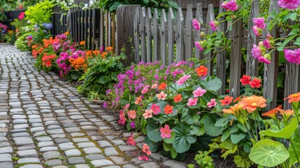 Sticker - A charming flower garden with a mix of colorful begonias, fragrant lilies, and bright geraniums, bordered by a rustic wooden fence and a cobblestone path.